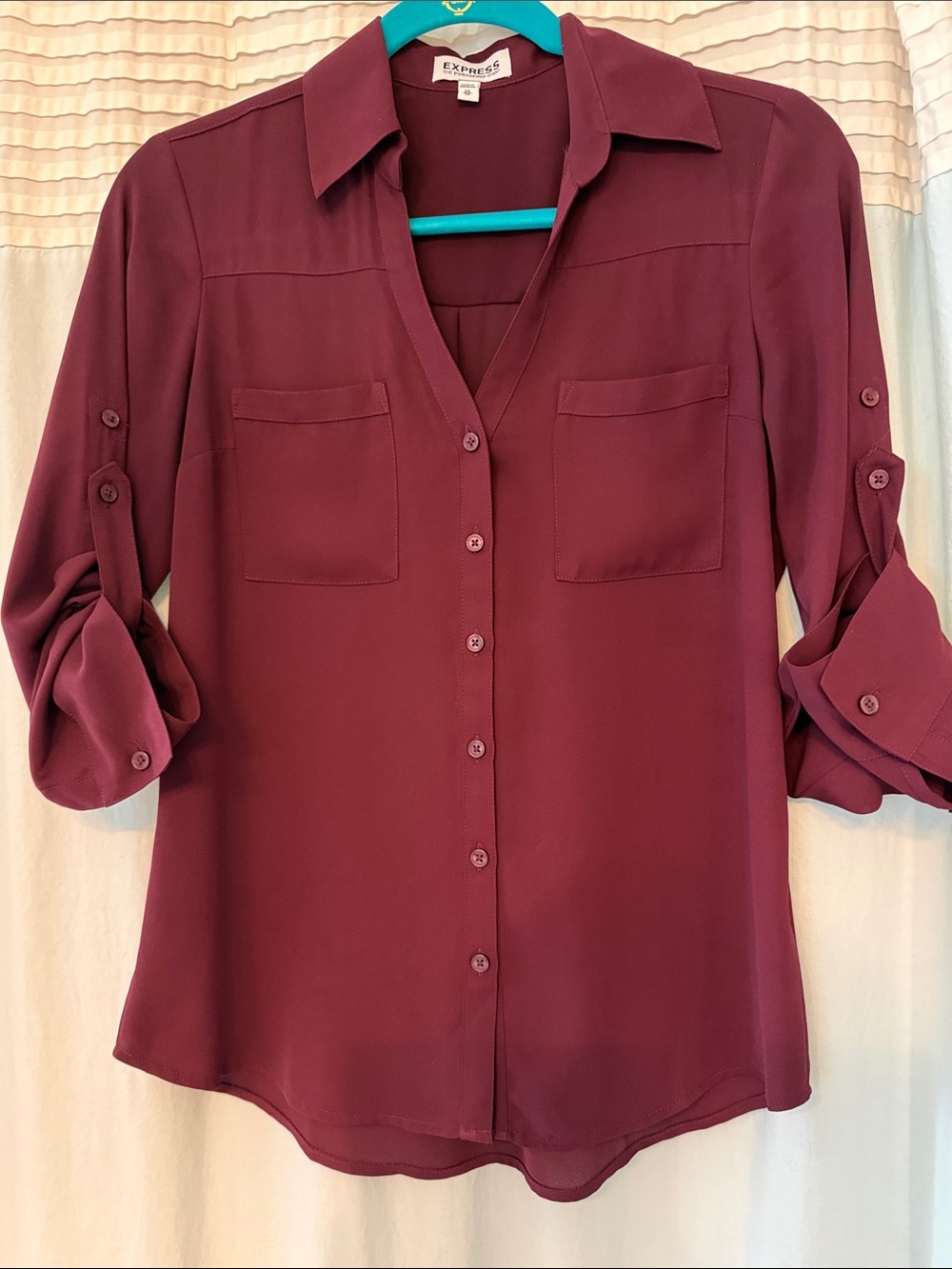 Express Women’s Burgundy Button-Down Roll-Tab Blouse